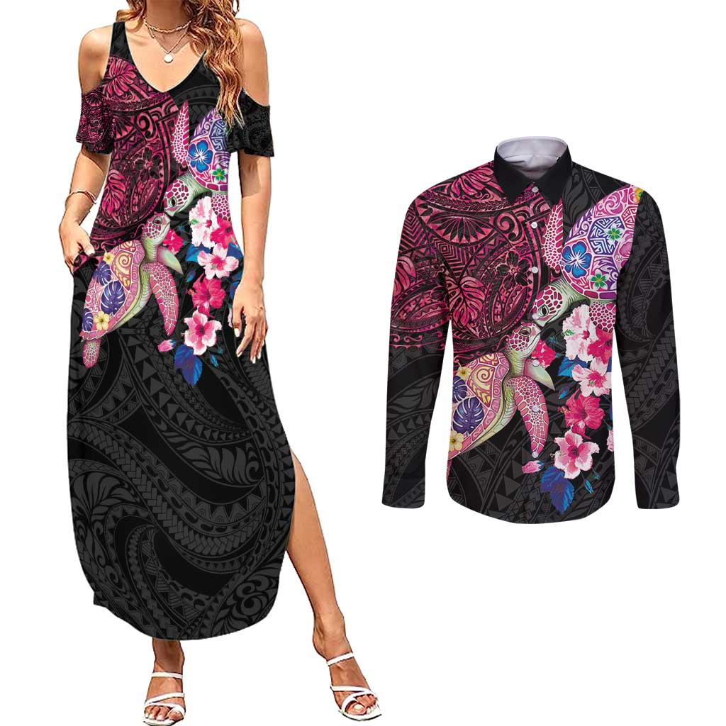 Hawaiian Couple Turtles Honi Couples Matching Summer Maxi Dress and Long Sleeve Button Shirt Polynesian Art Motifs and Hibiscus Black Red Color - Polynesian Pride