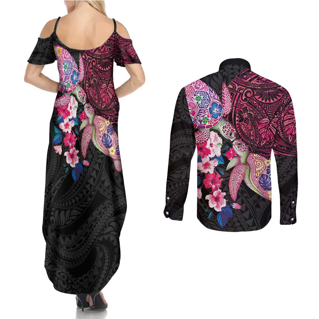 Hawaiian Couple Turtles Honi Couples Matching Summer Maxi Dress and Long Sleeve Button Shirt Polynesian Art Motifs and Hibiscus Black Red Color - Polynesian Pride