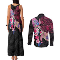 Hawaiian Couple Turtles Honi Couples Matching Tank Maxi Dress and Long Sleeve Button Shirt Polynesian Art Motifs and Hibiscus Black Red Color - Polynesian Pride