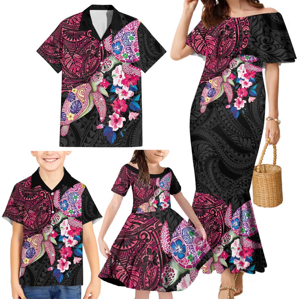 Hawaiian Couple Turtles Honi Family Matching Mermaid Dress and Hawaiian Shirt Polynesian Art Motifs and Hibiscus Black Red Color - Polynesian Pride