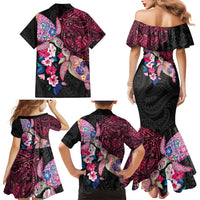 Hawaiian Couple Turtles Honi Family Matching Mermaid Dress and Hawaiian Shirt Polynesian Art Motifs and Hibiscus Black Red Color - Polynesian Pride