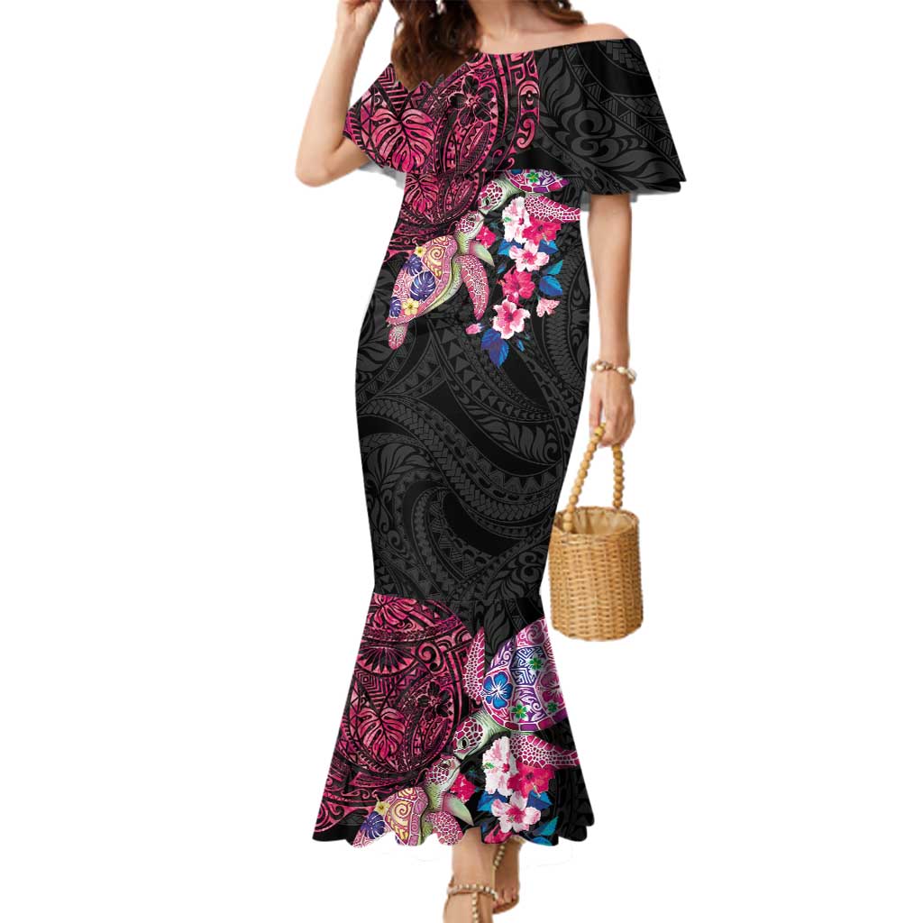 Hawaiian Couple Turtles Honi Family Matching Mermaid Dress and Hawaiian Shirt Polynesian Art Motifs and Hibiscus Black Red Color - Polynesian Pride