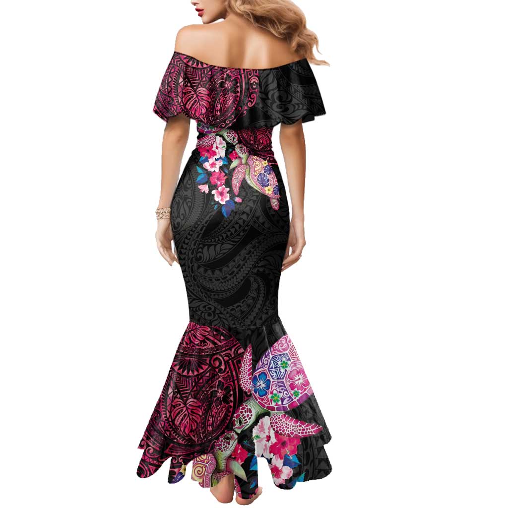 Hawaiian Couple Turtles Honi Family Matching Mermaid Dress and Hawaiian Shirt Polynesian Art Motifs and Hibiscus Black Red Color - Polynesian Pride