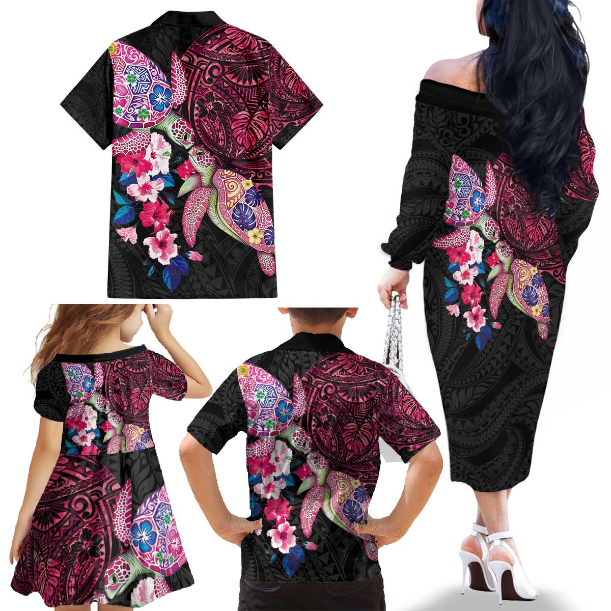 Hawaiian Couple Turtles Honi Family Matching Off The Shoulder Long Sleeve Dress and Hawaiian Shirt Polynesian Art Motifs and Hibiscus Black Red Color - Polynesian Pride