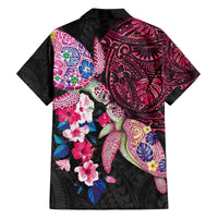 Hawaiian Couple Turtles Honi Family Matching Off The Shoulder Long Sleeve Dress and Hawaiian Shirt Polynesian Art Motifs and Hibiscus Black Red Color - Polynesian Pride