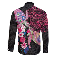 Hawaiian Couple Turtles Honi Family Matching Off The Shoulder Long Sleeve Dress and Hawaiian Shirt Polynesian Art Motifs and Hibiscus Black Red Color - Polynesian Pride