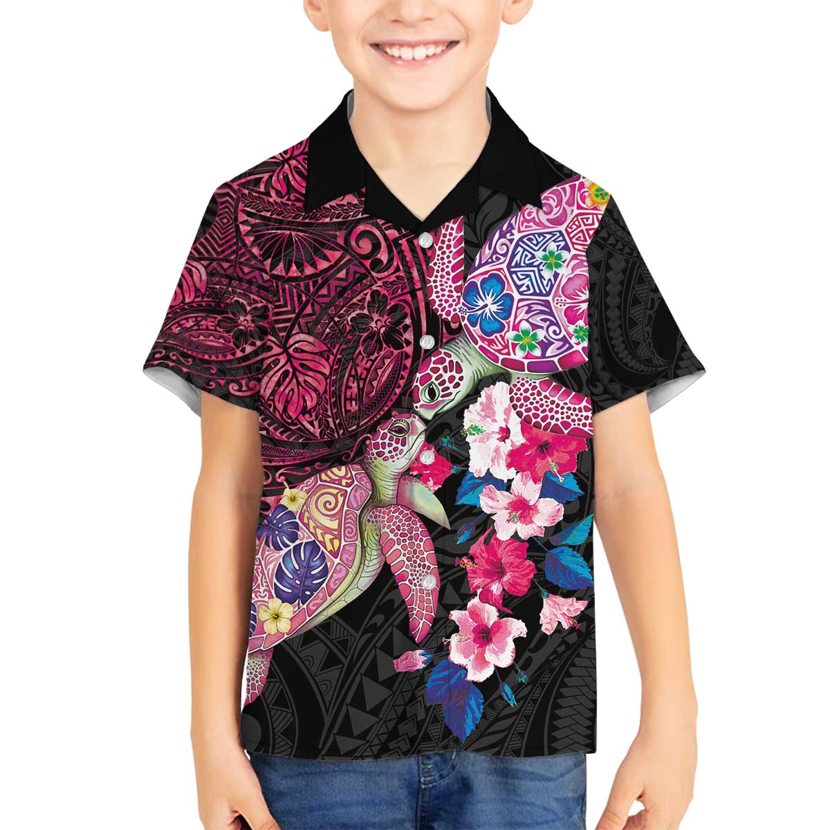 Hawaiian Couple Turtles Honi Family Matching Off The Shoulder Long Sleeve Dress and Hawaiian Shirt Polynesian Art Motifs and Hibiscus Black Red Color - Polynesian Pride