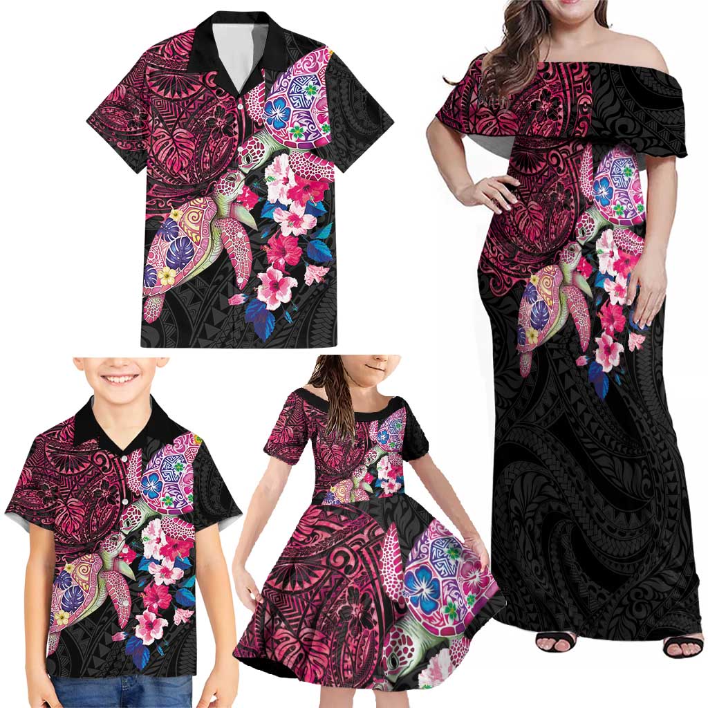 Hawaiian Couple Turtles Honi Family Matching Off Shoulder Maxi Dress and Hawaiian Shirt Polynesian Art Motifs and Hibiscus Black Red Color - Polynesian Pride