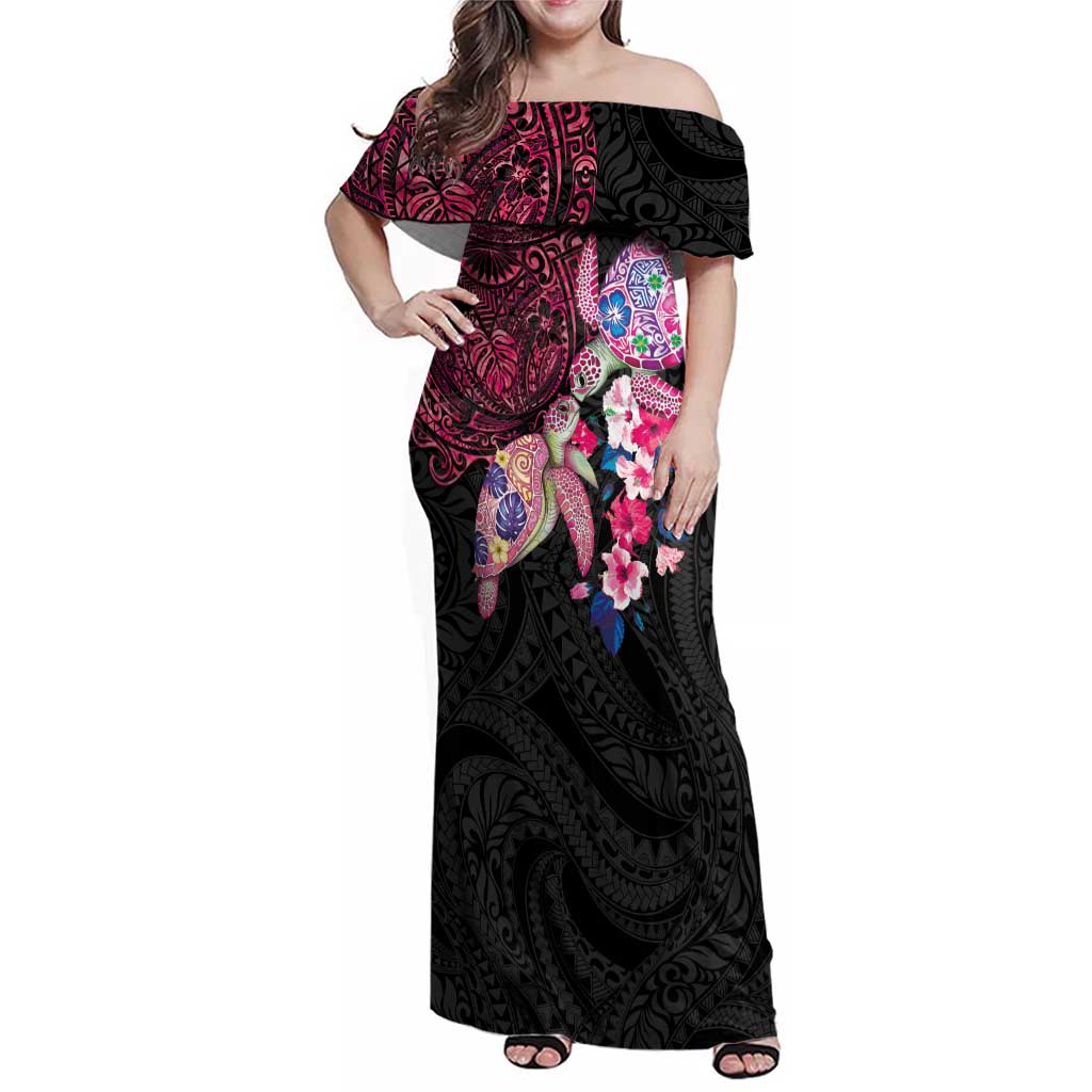 Hawaiian Couple Turtles Honi Family Matching Off Shoulder Maxi Dress and Hawaiian Shirt Polynesian Art Motifs and Hibiscus Black Red Color - Polynesian Pride