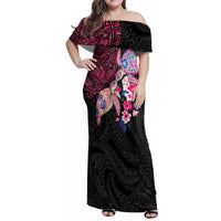 Hawaiian Couple Turtles Honi Family Matching Off Shoulder Maxi Dress and Hawaiian Shirt Polynesian Art Motifs and Hibiscus Black Red Color - Polynesian Pride