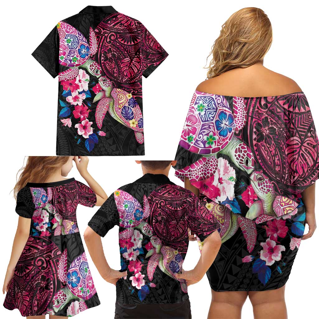 Hawaiian Couple Turtles Honi Family Matching Off Shoulder Short Dress and Hawaiian Shirt Polynesian Art Motifs and Hibiscus Black Red Color - Polynesian Pride