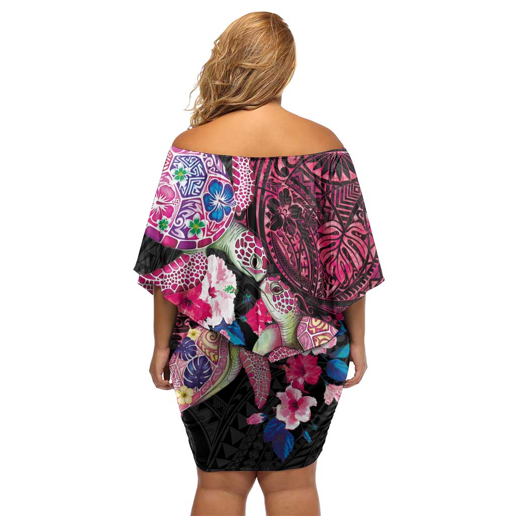 Hawaiian Couple Turtles Honi Family Matching Off Shoulder Short Dress and Hawaiian Shirt Polynesian Art Motifs and Hibiscus Black Red Color - Polynesian Pride