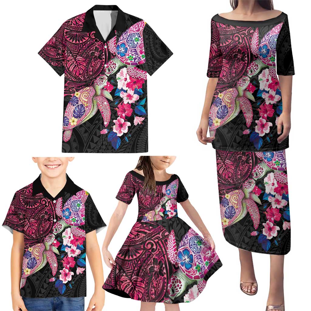 Hawaiian Couple Turtles Honi Family Matching Puletasi and Hawaiian Shirt Polynesian Art Motifs and Hibiscus Black Red Color - Polynesian Pride