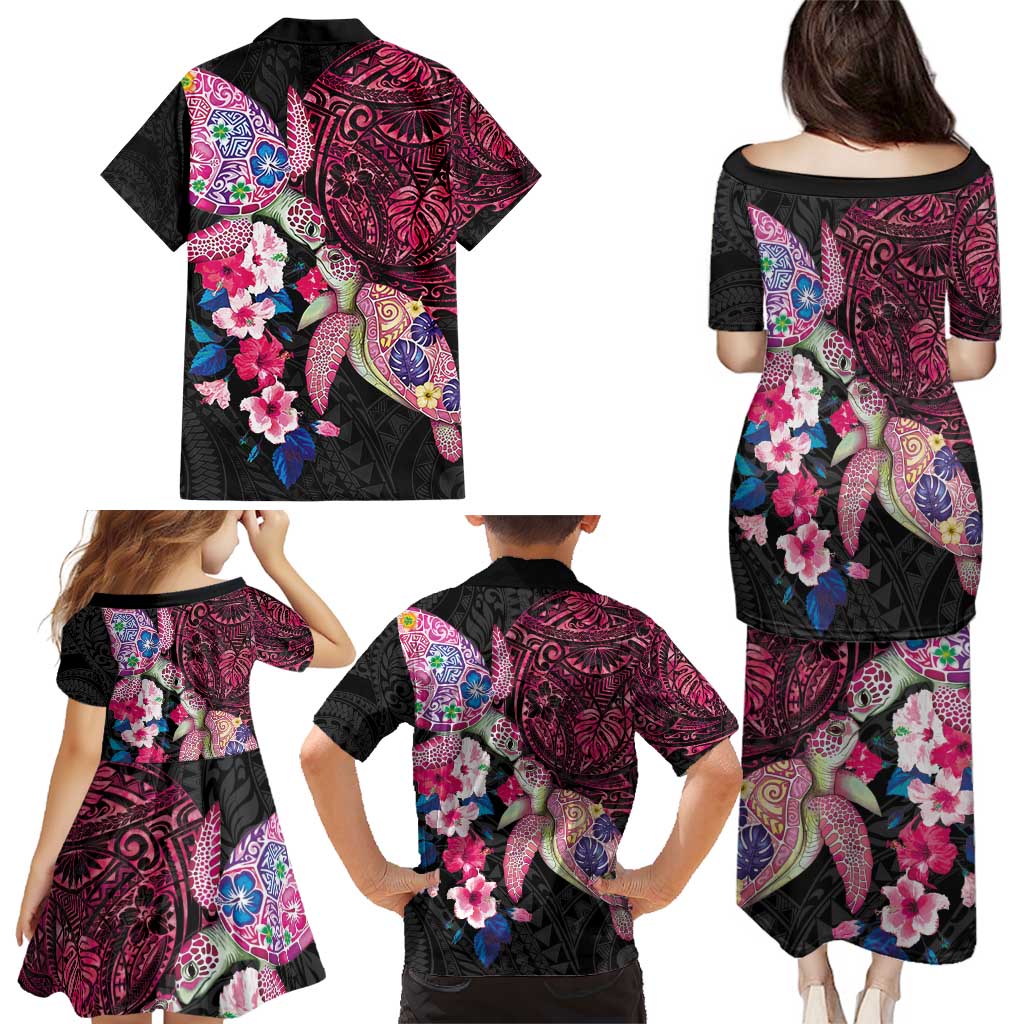 Hawaiian Couple Turtles Honi Family Matching Puletasi and Hawaiian Shirt Polynesian Art Motifs and Hibiscus Black Red Color - Polynesian Pride