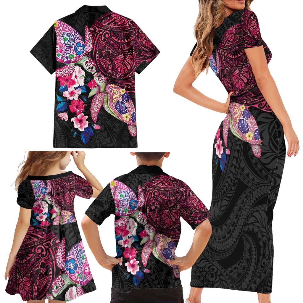 Hawaiian Couple Turtles Honi Family Matching Short Sleeve Bodycon Dress and Hawaiian Shirt Polynesian Art Motifs and Hibiscus Black Red Color - Polynesian Pride
