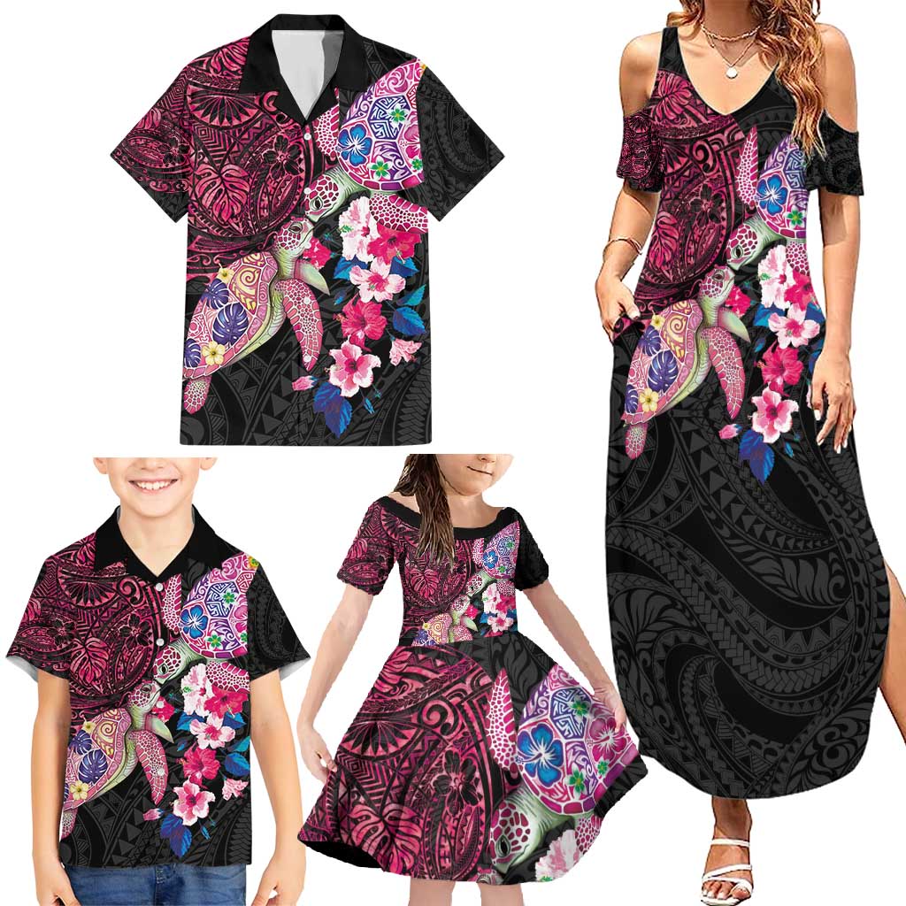 Hawaiian Couple Turtles Honi Family Matching Summer Maxi Dress and Hawaiian Shirt Polynesian Art Motifs and Hibiscus Black Red Color - Polynesian Pride