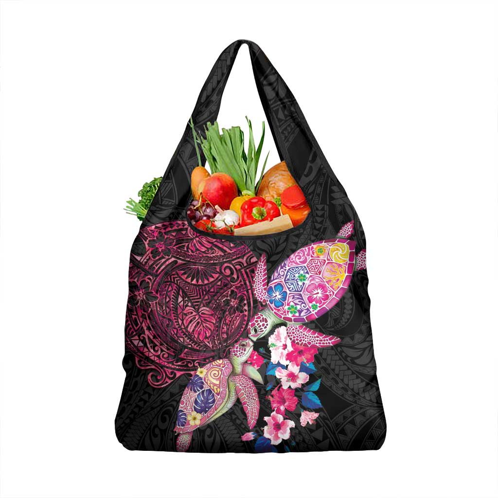 Hawaiian Couple Turtles Honi Grocery Bag Polynesian Art Motifs and Hibiscus Black Red Color - Polynesian Pride