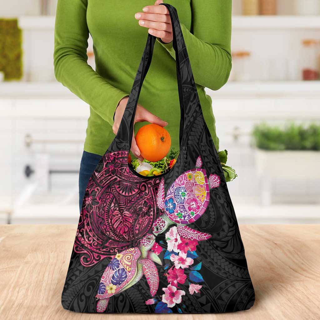 Hawaiian Couple Turtles Honi Grocery Bag Polynesian Art Motifs and Hibiscus Black Red Color - Polynesian Pride