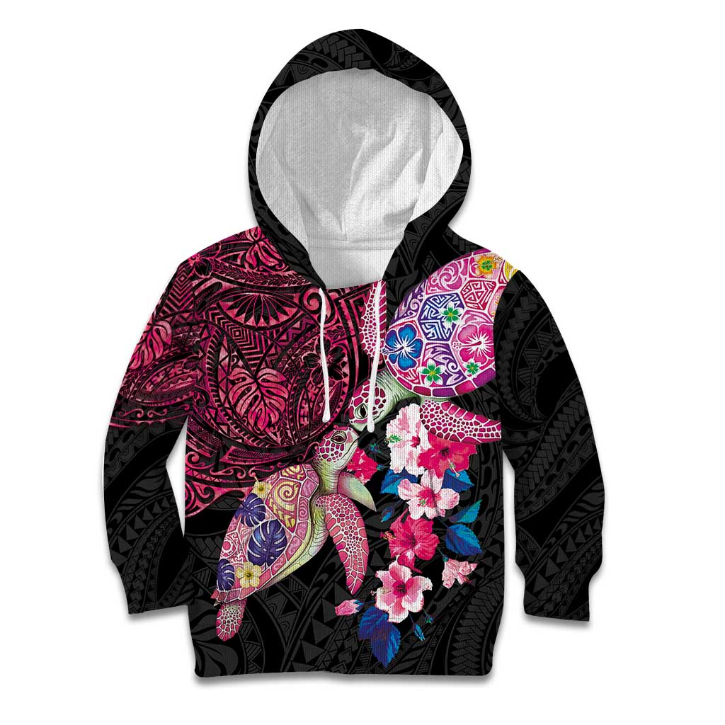 Hawaiian Couple Turtles Honi Kid Hoodie Polynesian Art Motifs and Hibiscus Black Red Color - Polynesian Pride