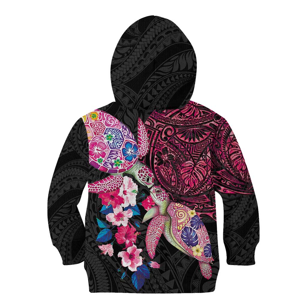 Hawaiian Couple Turtles Honi Kid Hoodie Polynesian Art Motifs and Hibiscus Black Red Color - Polynesian Pride