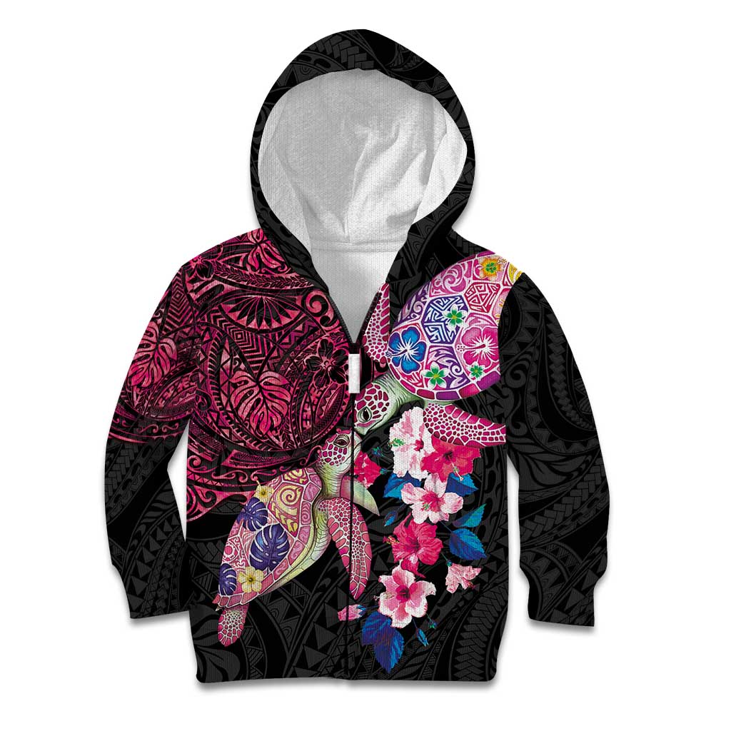 Hawaiian Couple Turtles Honi Kid Hoodie Polynesian Art Motifs and Hibiscus Black Red Color - Polynesian Pride