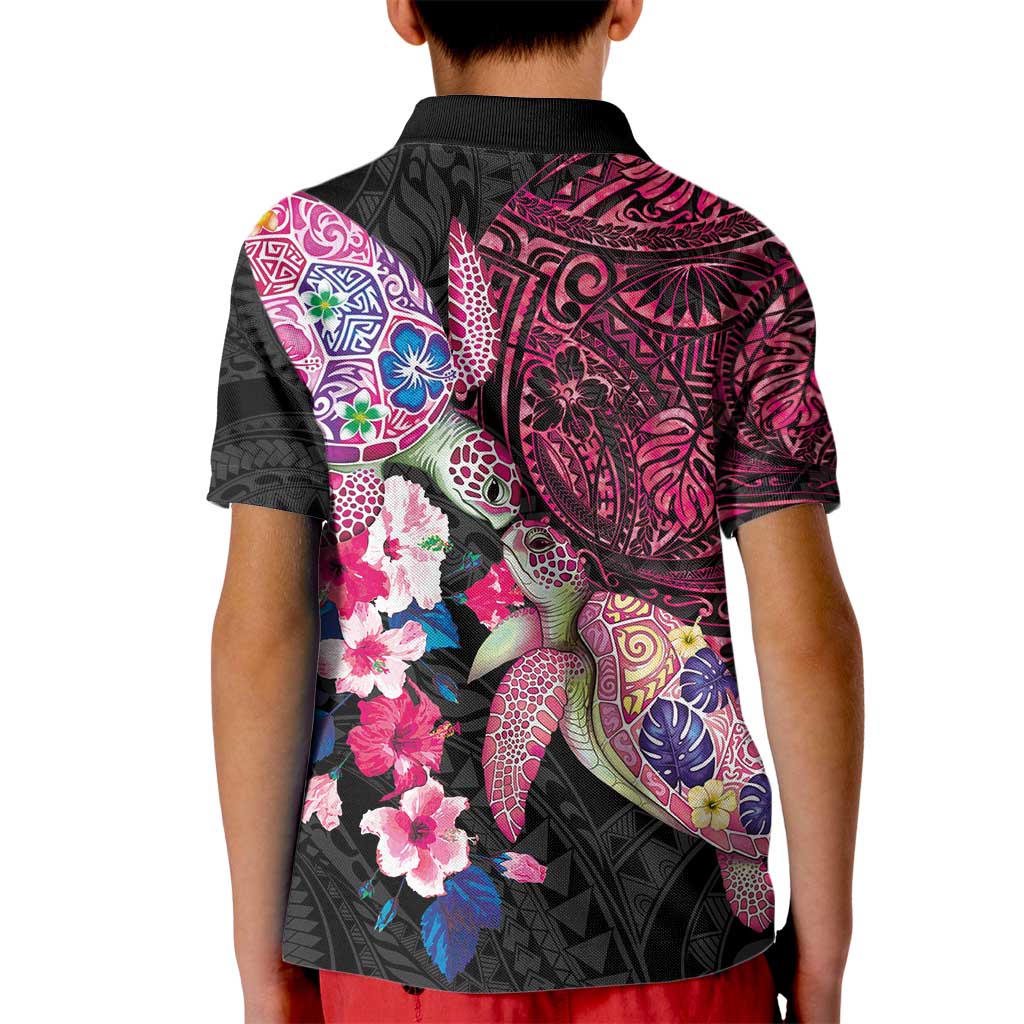 Hawaiian Couple Turtles Honi Kid Polo Shirt Polynesian Art Motifs and Hibiscus Black Red Color - Polynesian Pride