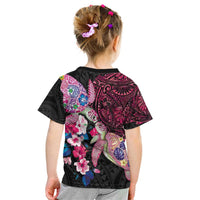 Hawaiian Couple Turtles Honi Kid T Shirt Polynesian Art Motifs and Hibiscus Black Red Color - Polynesian Pride