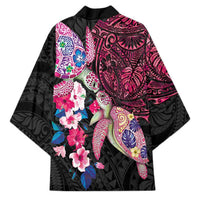 Hawaiian Couple Turtles Honi Kimono Polynesian Art Motifs and Hibiscus Black Red Color - Polynesian Pride