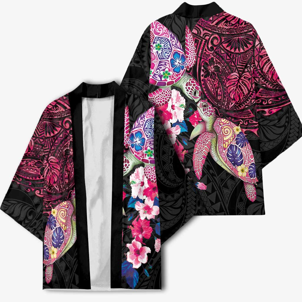 Hawaiian Couple Turtles Honi Kimono Polynesian Art Motifs and Hibiscus Black Red Color - Polynesian Pride