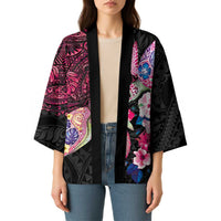 Hawaiian Couple Turtles Honi Kimono Polynesian Art Motifs and Hibiscus Black Red Color - Polynesian Pride