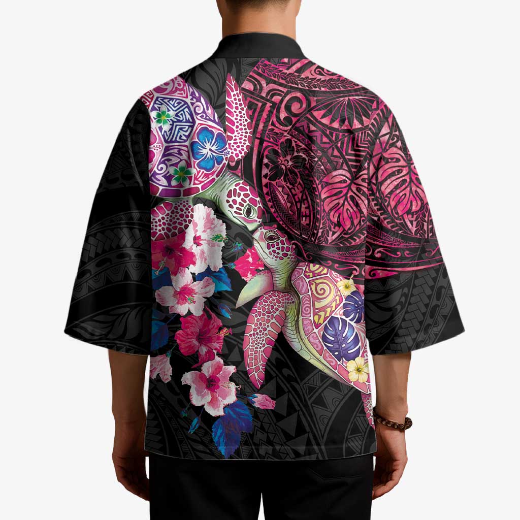 Hawaiian Couple Turtles Honi Kimono Polynesian Art Motifs and Hibiscus Black Red Color - Polynesian Pride