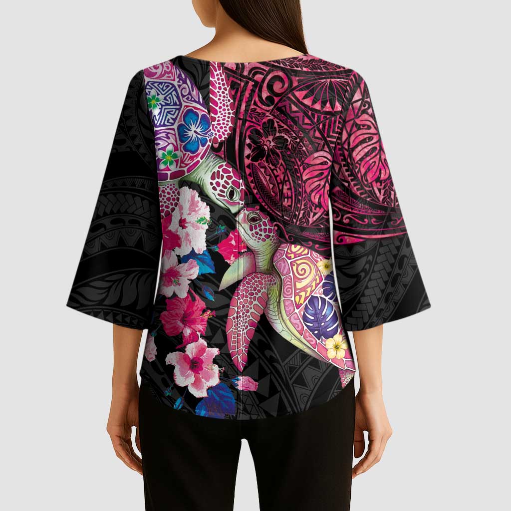 Hawaiian Couple Turtles Honi Kimono Sleeve Blouse Polynesian Art Motifs and Hibiscus Black Red Color - Polynesian Pride