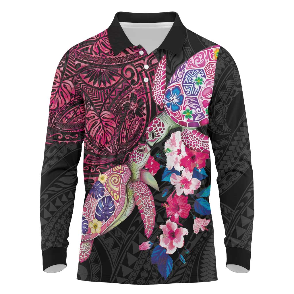 Hawaiian Couple Turtles Honi Long Sleeve Polo Shirt Polynesian Art Motifs and Hibiscus Black Red Color - Polynesian Pride