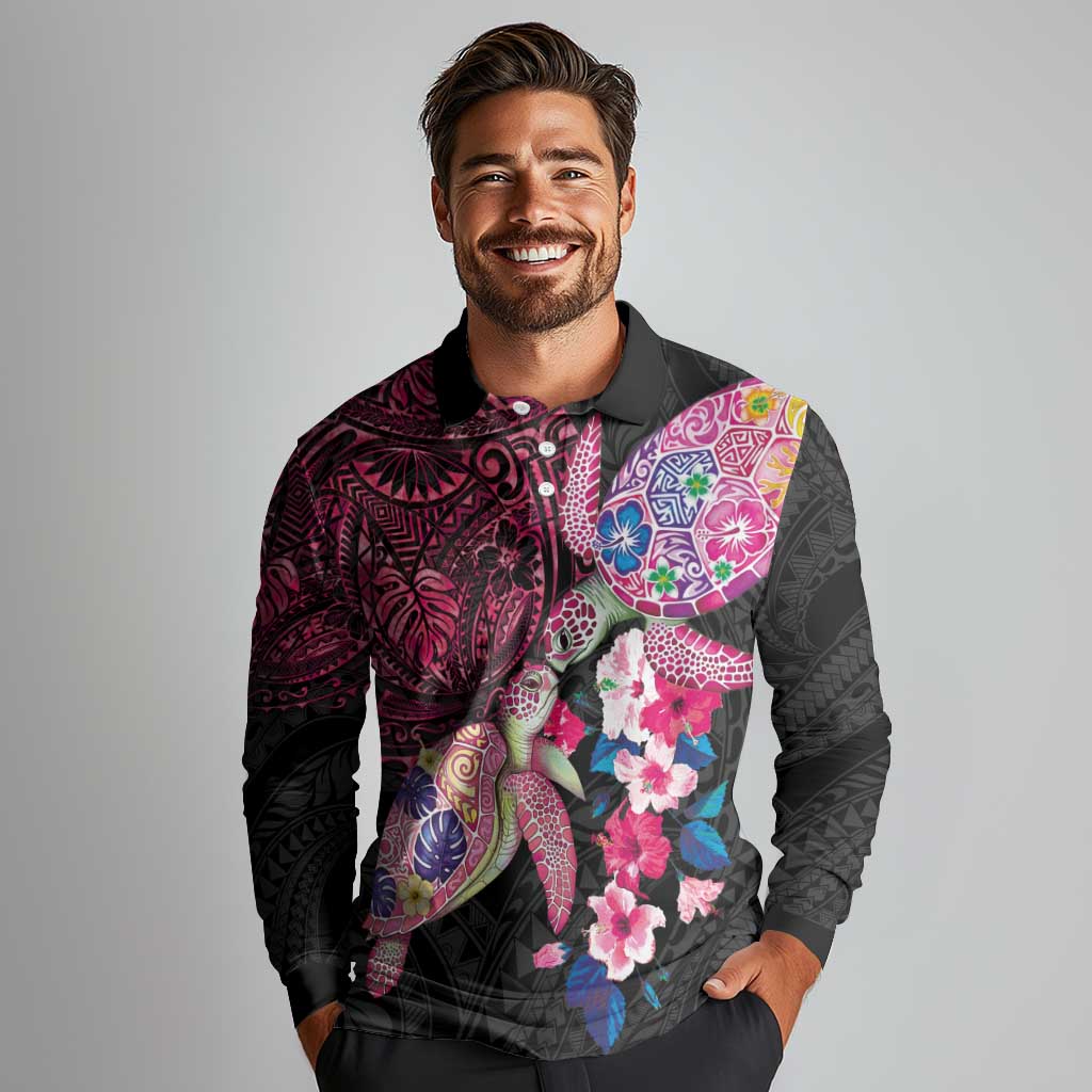 Hawaiian Couple Turtles Honi Long Sleeve Polo Shirt Polynesian Art Motifs and Hibiscus Black Red Color - Polynesian Pride
