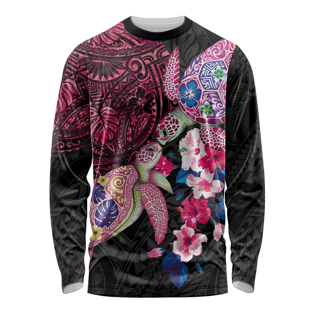 Hawaiian Couple Turtles Honi Long Sleeve Shirt Polynesian Art Motifs and Hibiscus Black Red Color - Polynesian Pride