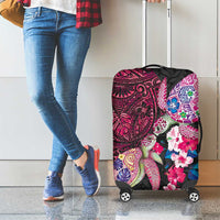 Hawaiian Couple Turtles Honi Luggage Cover Polynesian Art Motifs and Hibiscus Black Red Color - Polynesian Pride