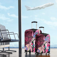 Hawaiian Couple Turtles Honi Luggage Cover Polynesian Art Motifs and Hibiscus Black Red Color - Polynesian Pride