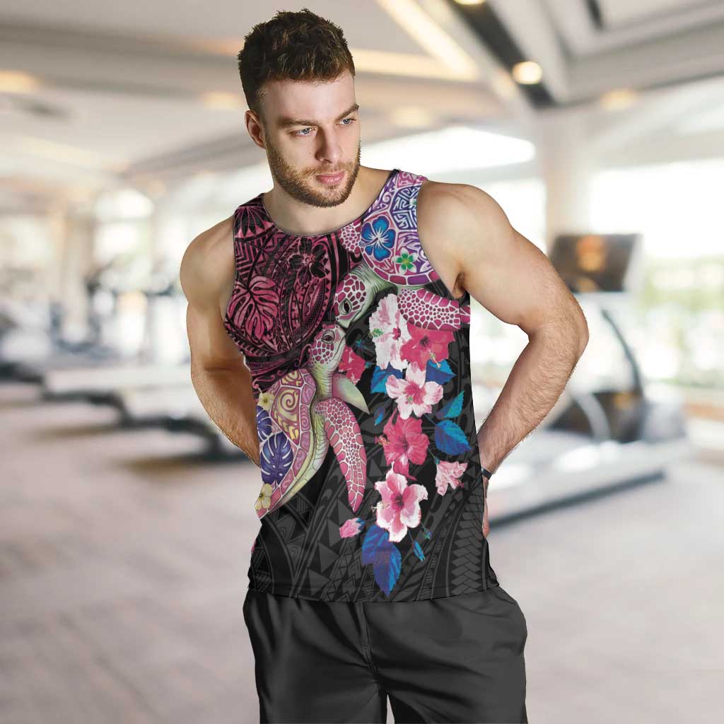 Hawaiian Couple Turtles Honi Men Tank Top Polynesian Art Motifs and Hibiscus Black Red Color - Polynesian Pride