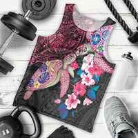 Hawaiian Couple Turtles Honi Men Tank Top Polynesian Art Motifs and Hibiscus Black Red Color - Polynesian Pride