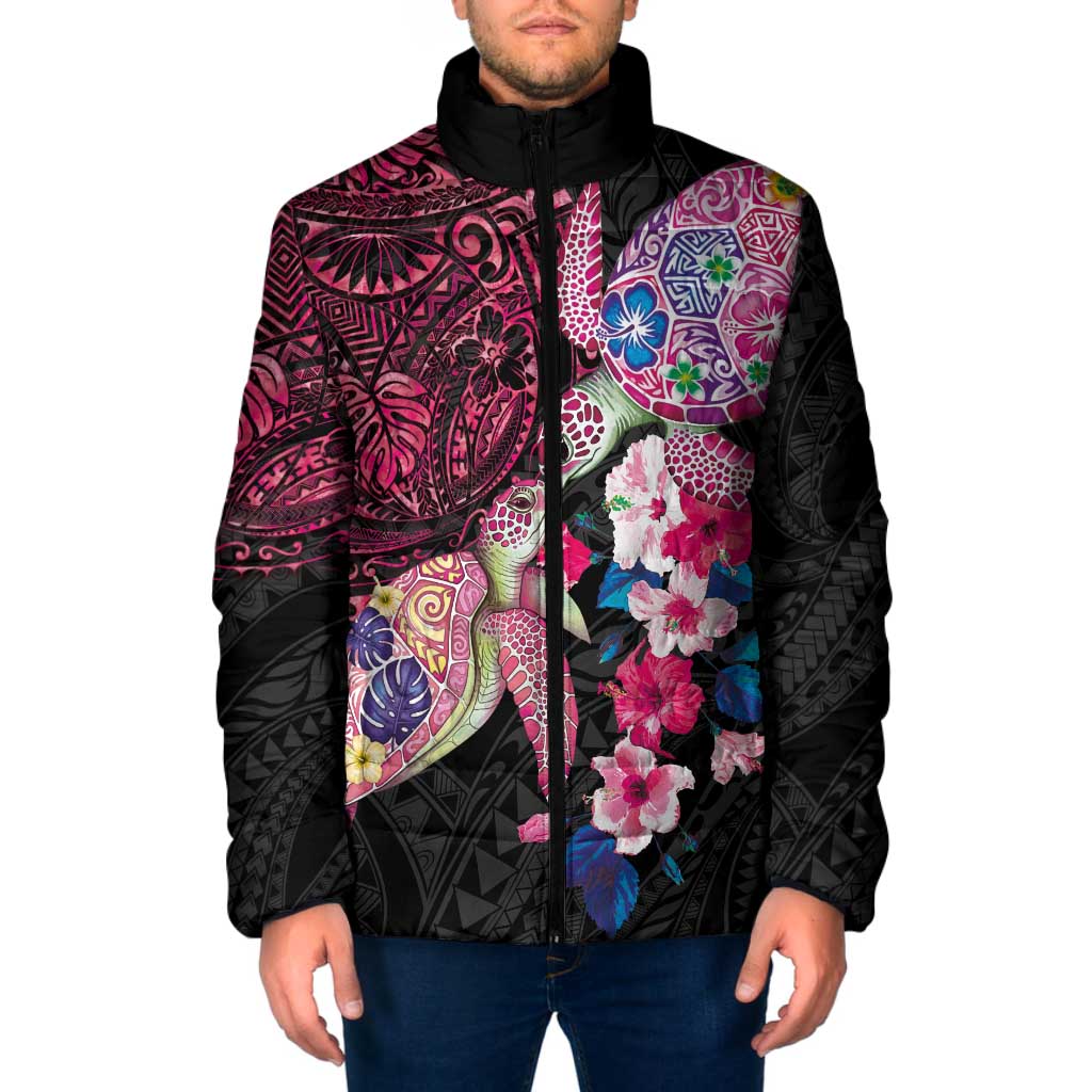 Hawaiian Couple Turtles Honi Padded Jacket Polynesian Art Motifs and Hibiscus Black Red Color - Polynesian Pride