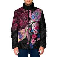 Hawaiian Couple Turtles Honi Padded Jacket Polynesian Art Motifs and Hibiscus Black Red Color - Polynesian Pride