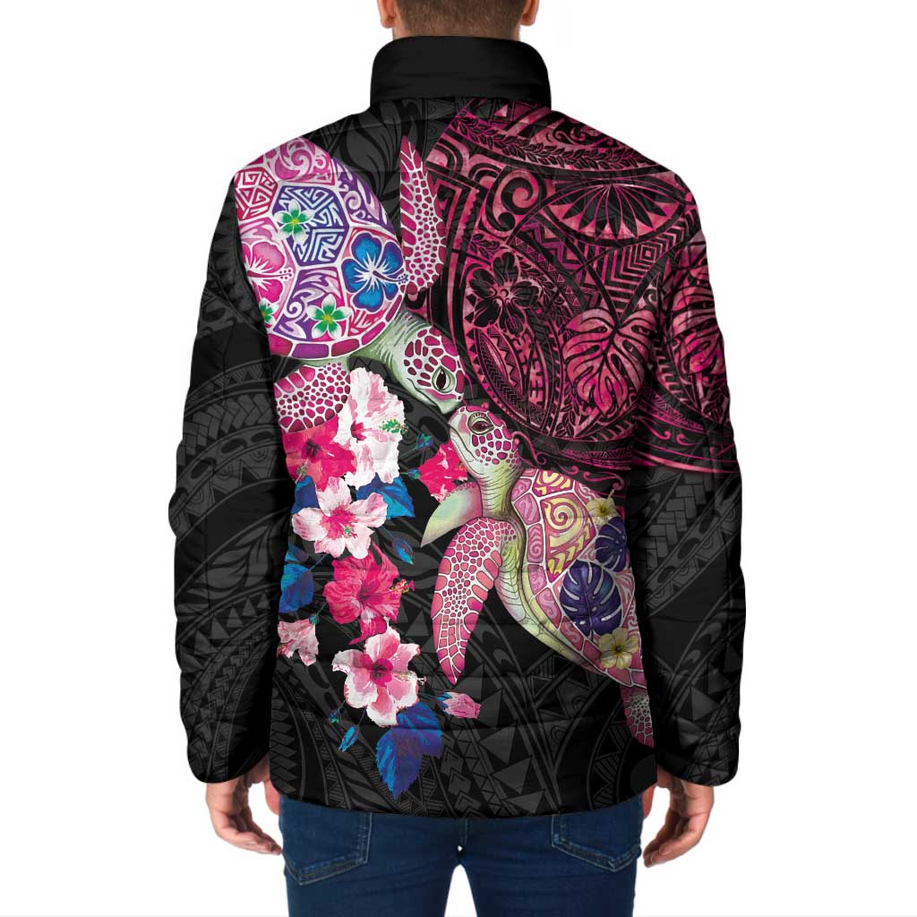 Hawaiian Couple Turtles Honi Padded Jacket Polynesian Art Motifs and Hibiscus Black Red Color - Polynesian Pride