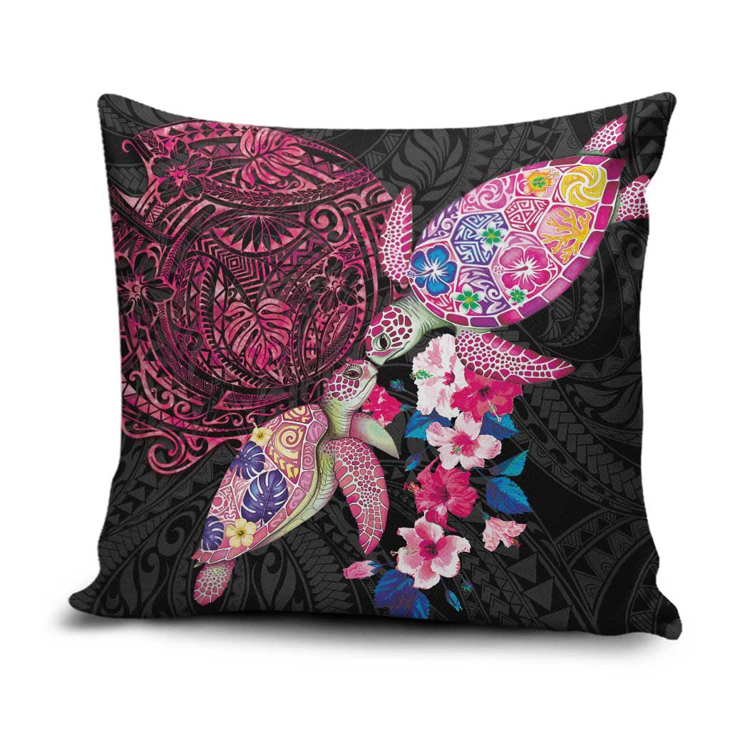 Hawaiian Couple Turtles Honi Pillow Cover Polynesian Art Motifs and Hibiscus Black Red Color - Polynesian Pride