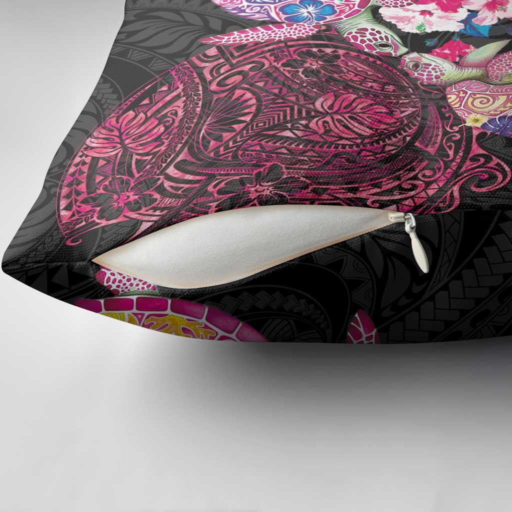 Hawaiian Couple Turtles Honi Pillow Cover Polynesian Art Motifs and Hibiscus Black Red Color - Polynesian Pride