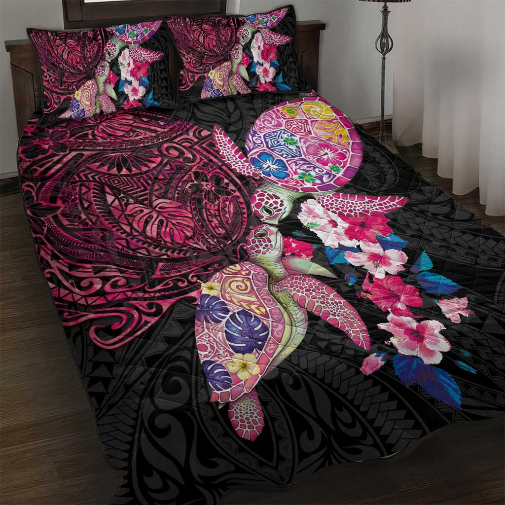 Hawaiian Couple Turtles Honi Quilt Bed Set Polynesian Art Motifs and Hibiscus Black Red Color - Polynesian Pride
