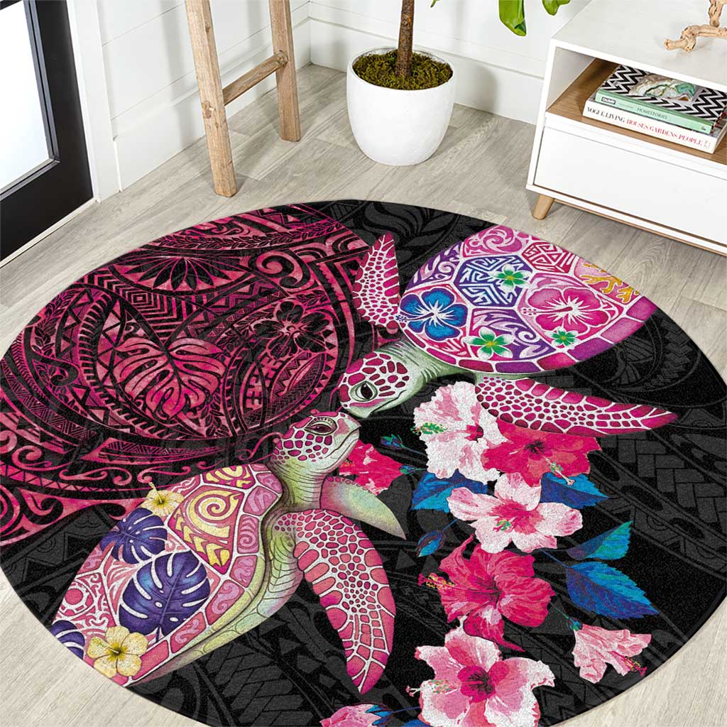 Hawaiian Couple Turtles Honi Round Carpet Polynesian Art Motifs and Hibiscus Black Red Color - Polynesian Pride