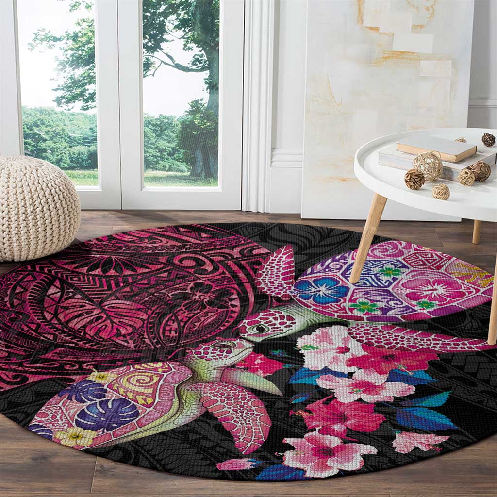 Hawaiian Couple Turtles Honi Round Carpet Polynesian Art Motifs and Hibiscus Black Red Color - Polynesian Pride