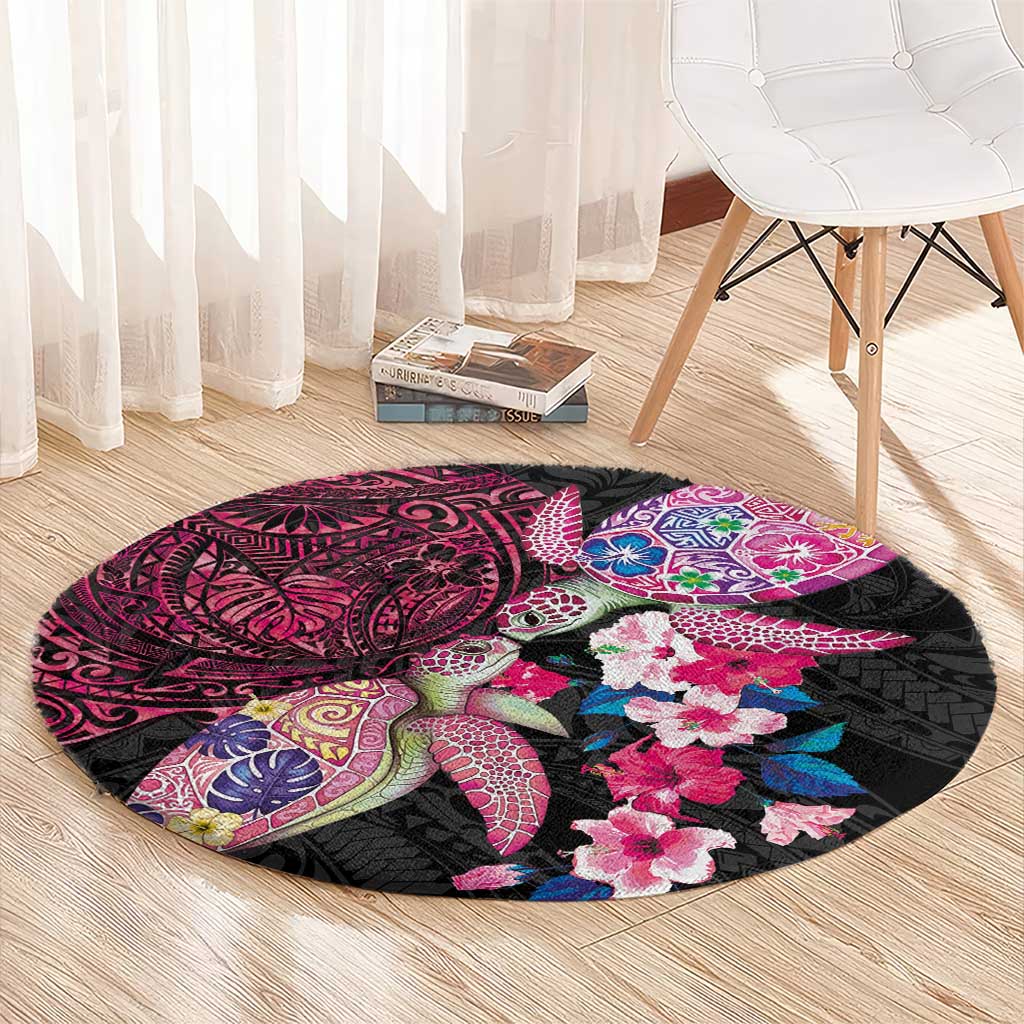 Hawaiian Couple Turtles Honi Round Carpet Polynesian Art Motifs and Hibiscus Black Red Color - Polynesian Pride