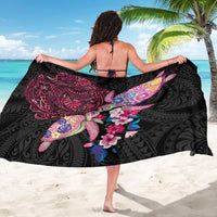 Hawaiian Couple Turtles Honi Sarong Polynesian Art Motifs and Hibiscus Black Red Color - Polynesian Pride