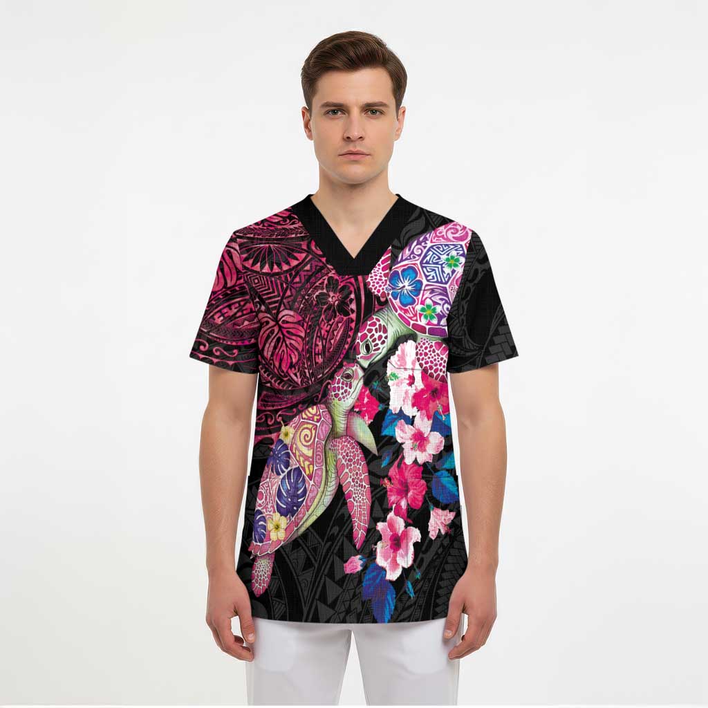 Hawaiian Couple Turtles Honi Scrub Top Polynesian Art Motifs and Hibiscus Black Red Color - Polynesian Pride